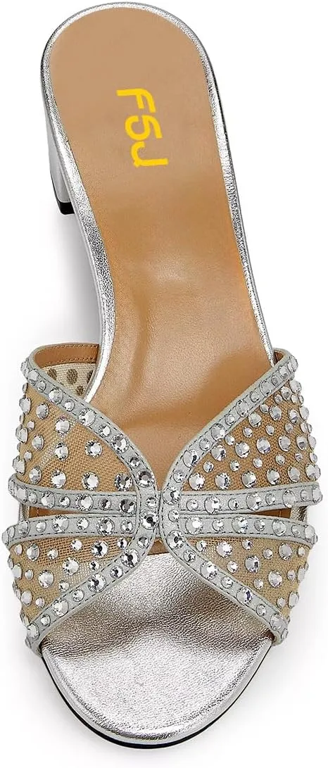 FSJ Women Low Block Heeled Mules Open Toe Rhinestone Slide Sandals Mesh Sparkling Crystal Comfortable Vacation Shoes Size 4-16 US