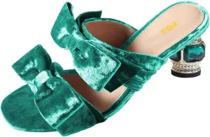 FSJ Women Two Bow Heeled Sandals Slip On Open Toe Low Crystal Block Chunky Heel Mule Velvet Bride Wedding Dress Shoes Size 4-16 US