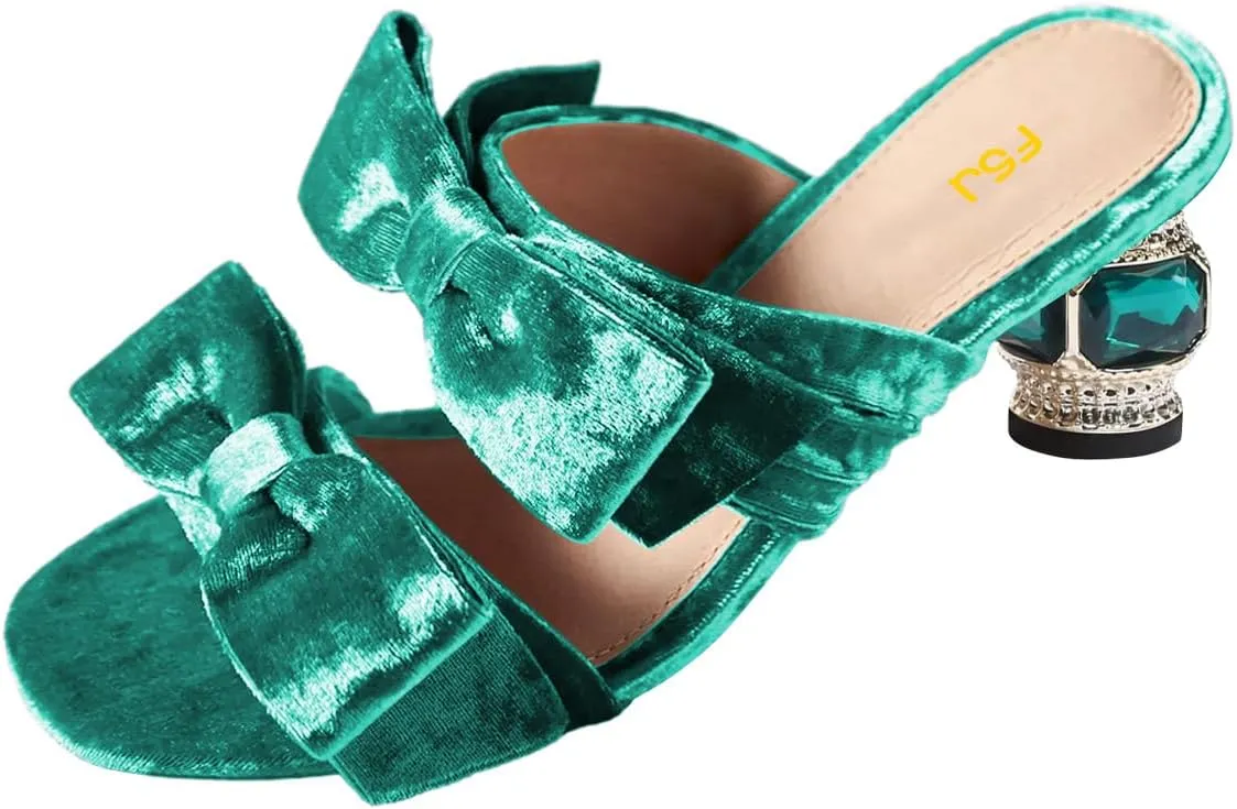 FSJ Women Two Bow Heeled Sandals Slip On Open Toe Low Crystal Block Chunky Heel Mule Velvet Bride Wedding Dress Shoes Size 4-16 US