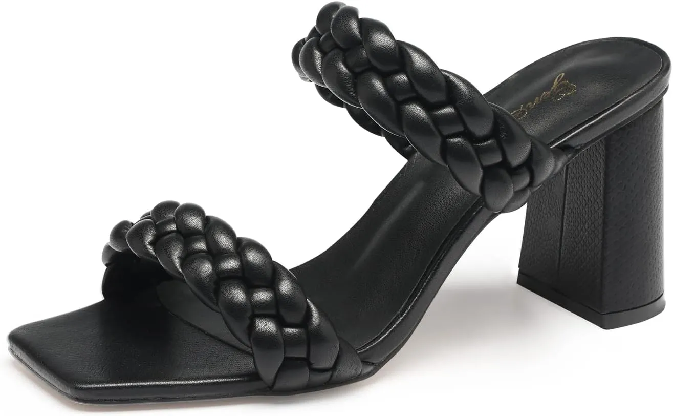 GENSHUO High Chunky Heels for Women Fashion Comfort Slip on Square Open Toe Block Heel Sandals Two Strap Backless Mules
