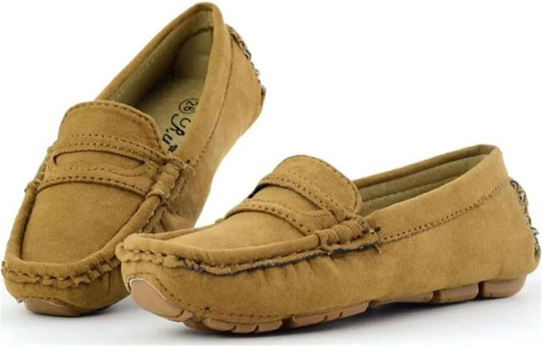 Girls Boys Suede Leather Slip-on Loafers Comfort Moccasin Casual Boat Shoes Uniform Dress Shoes