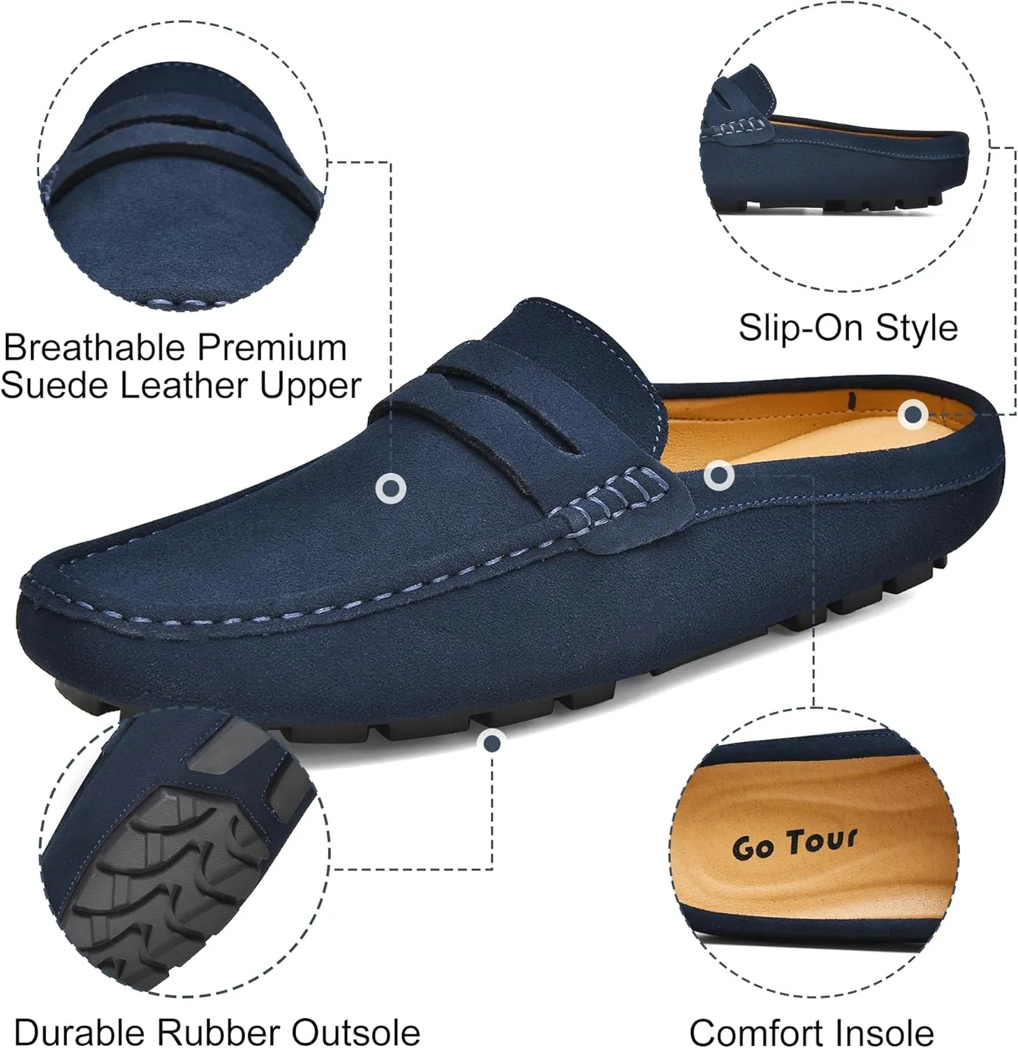 Go Tour Mens Handmade Suede Leather Mules Clog Slippers Breathable Leather Slip on Shoes Casual Loafers