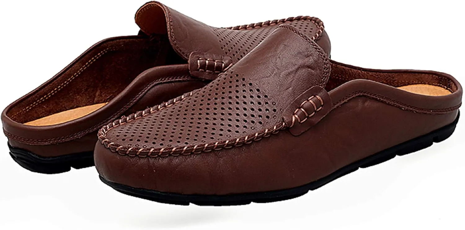 Go Tour Mens Mules Clog Slippers Breathable Punching Leather Slip on Shoes Casual Loafers
