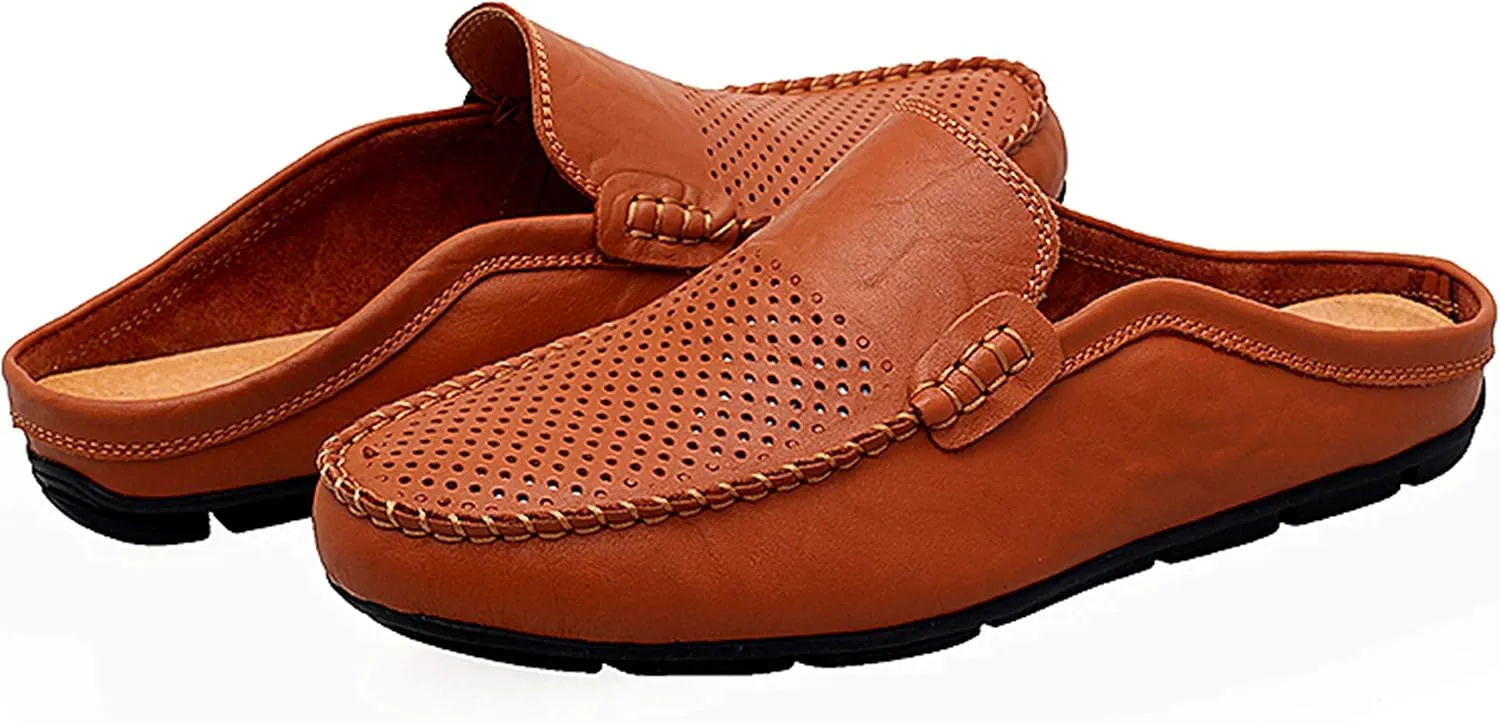 Go Tour Mens Mules Clog Slippers Breathable Punching Leather Slip on Shoes Casual Loafers