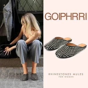 Goiphrri Women's Comfortable Rhinestone Mules - Closed Round Toe Slides, Slip-On Flats, Slingback, Summer, Wide Width