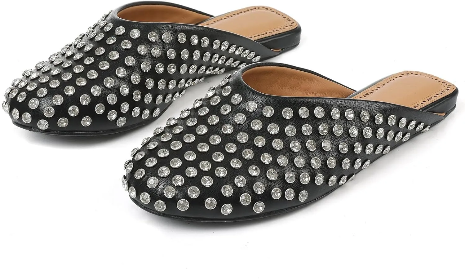 Goiphrri Women's Comfortable Rhinestone Mules - Closed Round Toe Slides, Slip-On Flats, Slingback, Summer, Wide Width