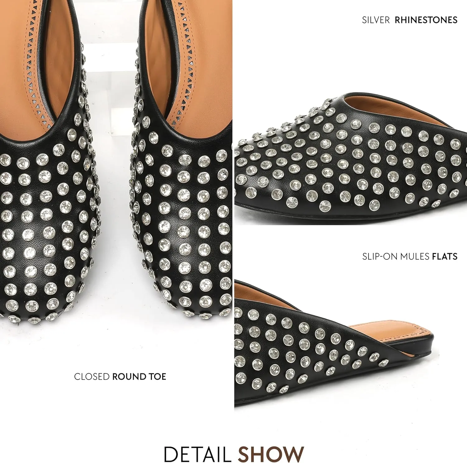 Goiphrri Women's Comfortable Rhinestone Mules - Closed Round Toe Slides, Slip-On Flats, Slingback, Summer, Wide Width