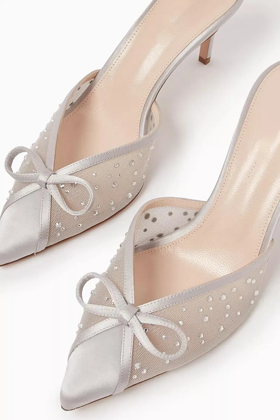 Goolita Bow Crystal Mesh Mule Heels For Women, Closed Pointed Toe Stiletto Slingback Heels Backless Slip On Party Dress Pump Shoes