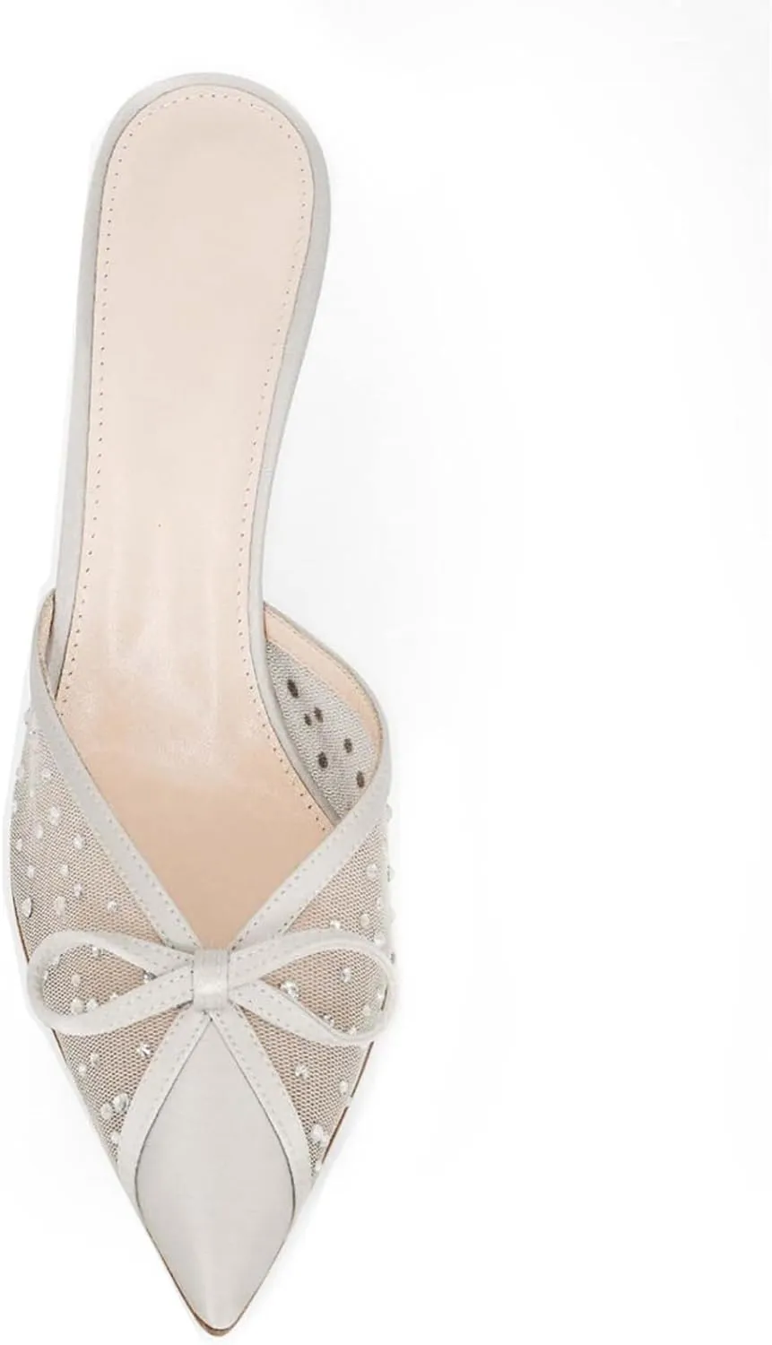 Goolita Bow Crystal Mesh Mule Heels For Women, Closed Pointed Toe Stiletto Slingback Heels Backless Slip On Party Dress Pump Shoes