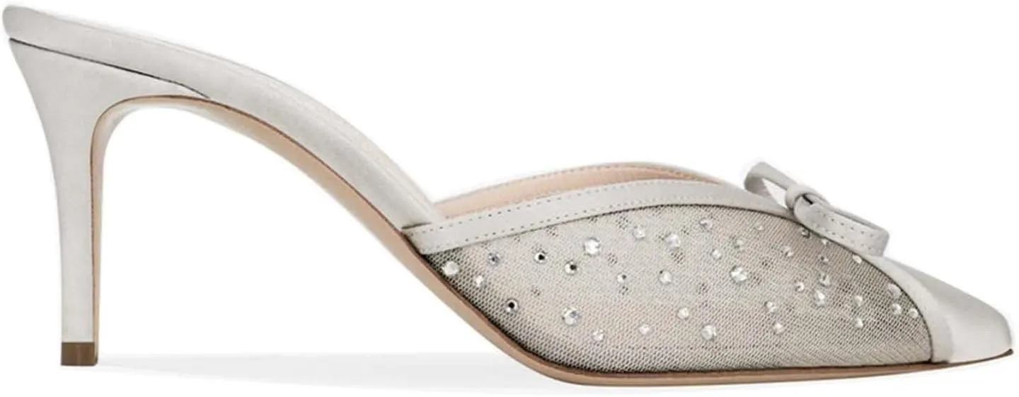 Goolita Bow Crystal Mesh Mule Heels For Women, Closed Pointed Toe Stiletto Slingback Heels Backless Slip On Party Dress Pump Shoes