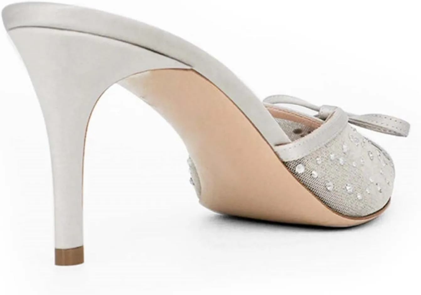 Goolita Bow Crystal Mesh Mule Heels For Women, Closed Pointed Toe Stiletto Slingback Heels Backless Slip On Party Dress Pump Shoes