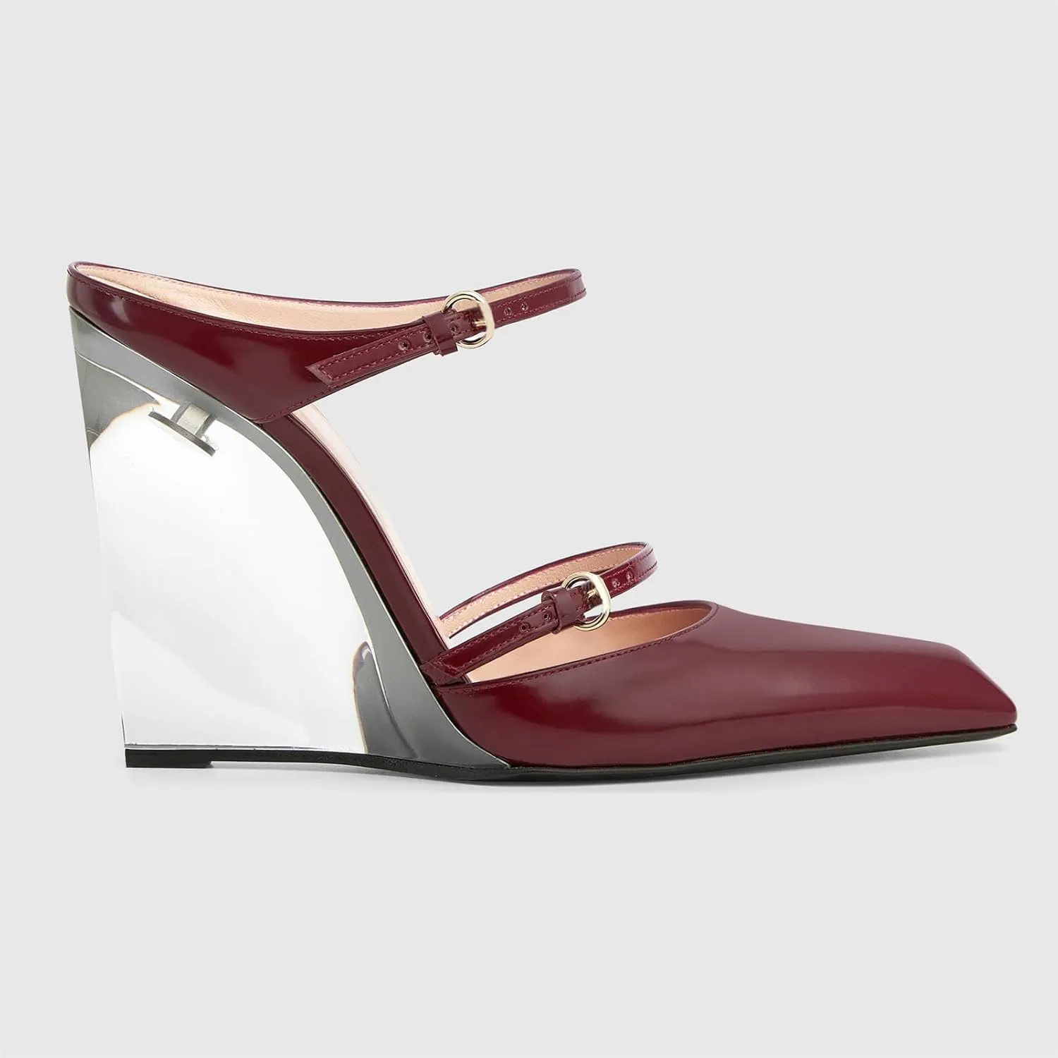 Goolita Clear Wedge Heels for Women, Closed Pointed Toe Mule Heels with Buckle Strap Sexy Backless Slip On Party Evening Shoes