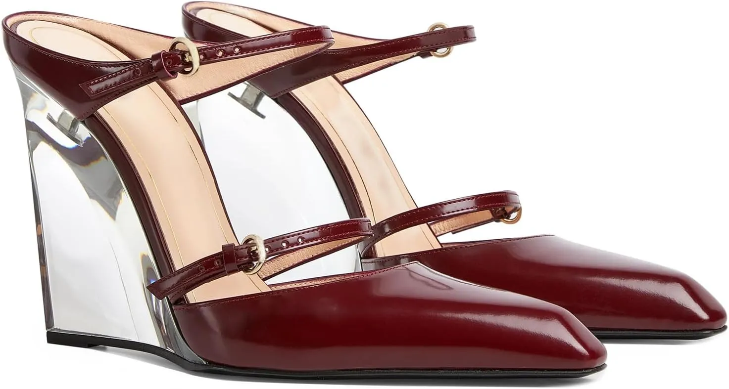 Goolita Clear Wedge Heels for Women, Closed Pointed Toe Mule Heels with Buckle Strap Sexy Backless Slip On Party Evening Shoes
