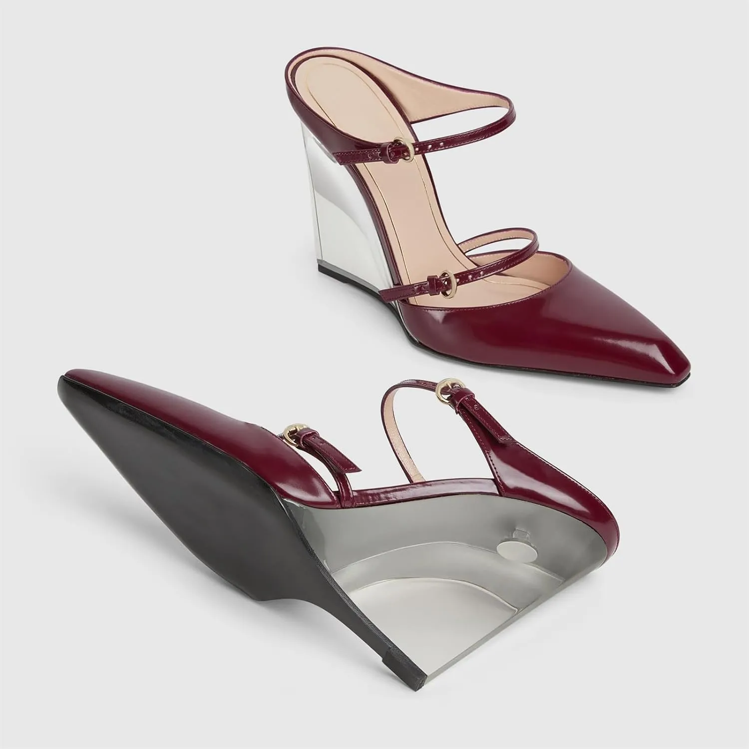 Goolita Clear Wedge Heels for Women, Closed Pointed Toe Mule Heels with Buckle Strap Sexy Backless Slip On Party Evening Shoes