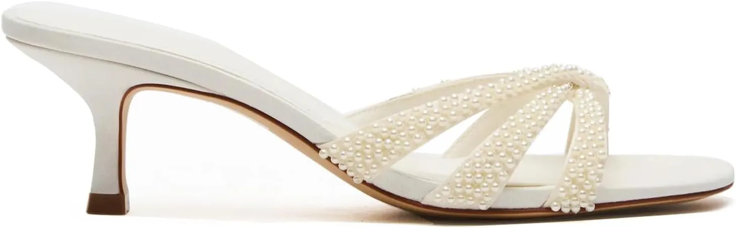 Goolita Women's Pearl Kitten Heels Flip Flops Open Round Toe Strappy Thong Slide Heeled Sandals Comfort Casual Party Mules Heels
