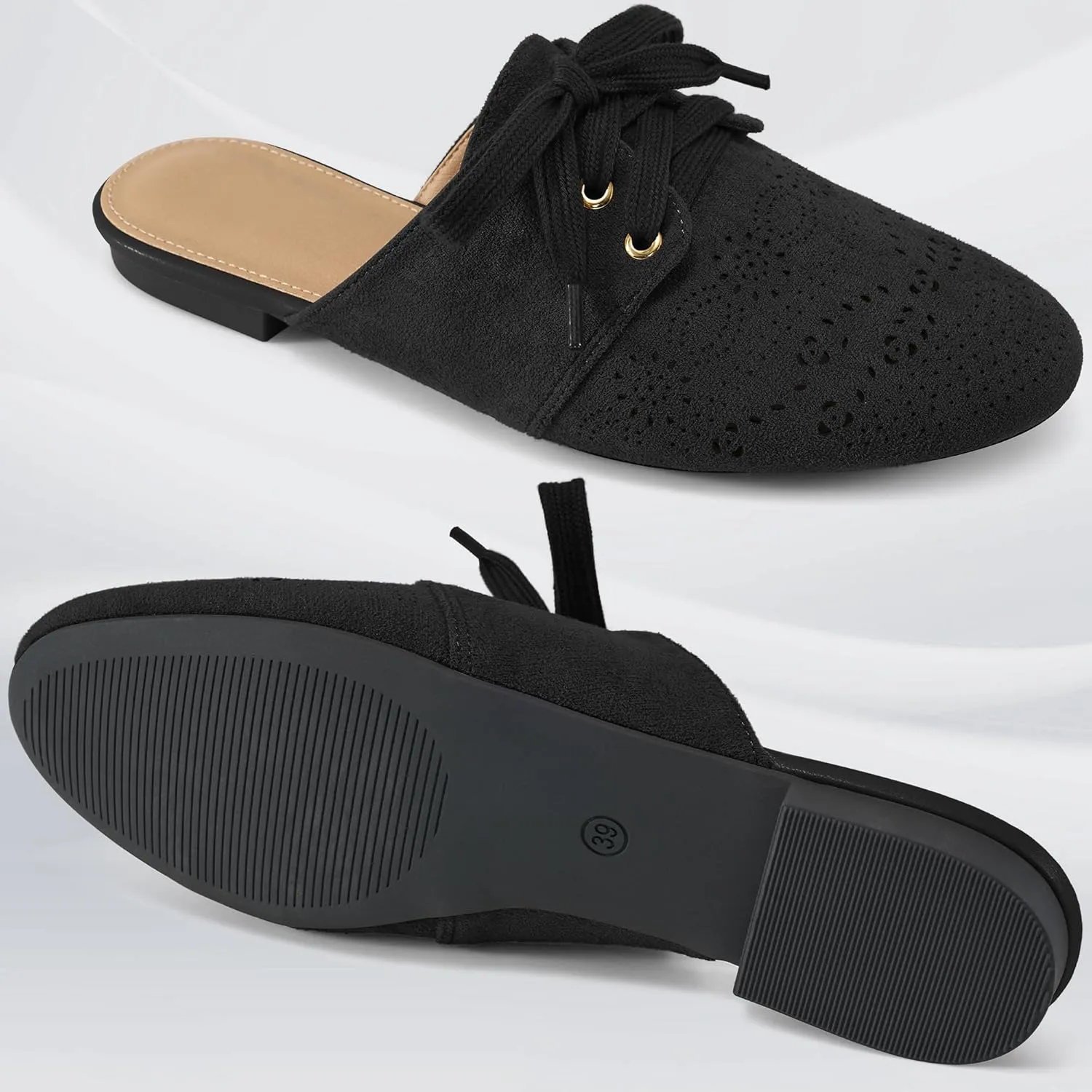 HARENCE Mules for Women Flats Shoes: Comfortable Round Toe Lace Up Mule 2025 Dressy Business Suede Loafers
