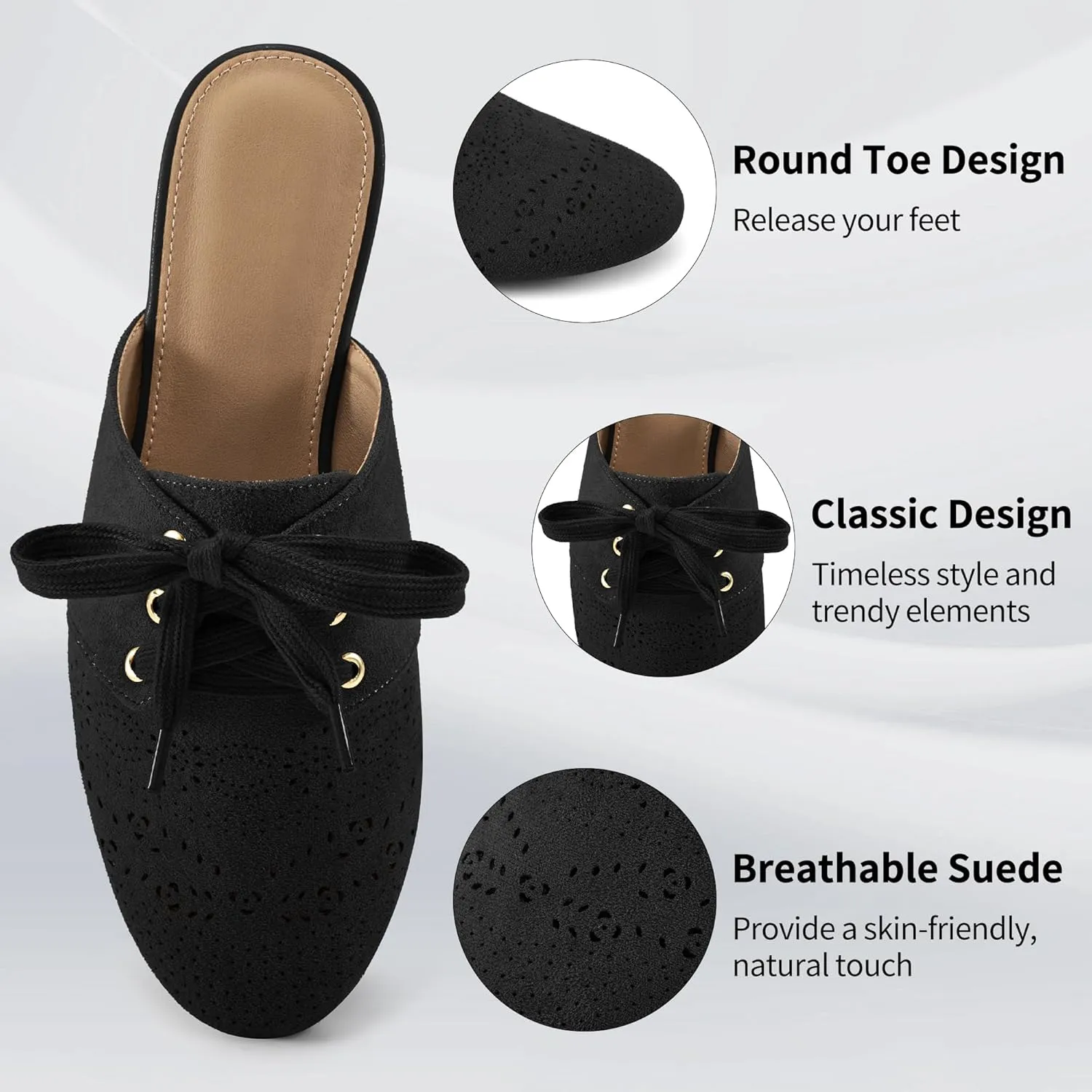 HARENCE Mules for Women Flats Shoes: Comfortable Round Toe Lace Up Mule 2025 Dressy Business Suede Loafers