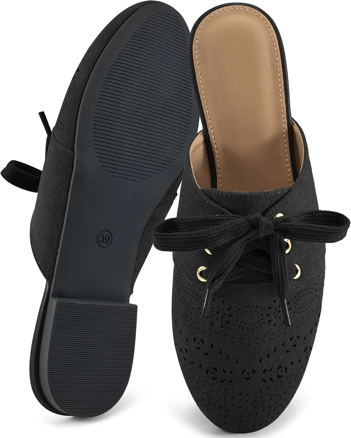HARENCE Mules for Women Flats Shoes: Comfortable Round Toe Lace Up Mule 2025 Dressy Business Suede Loafers