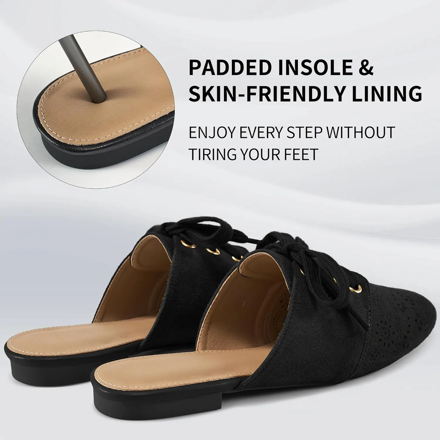 HARENCE Mules for Women Flats Shoes: Comfortable Round Toe Lace Up Mule 2025 Dressy Business Suede Loafers