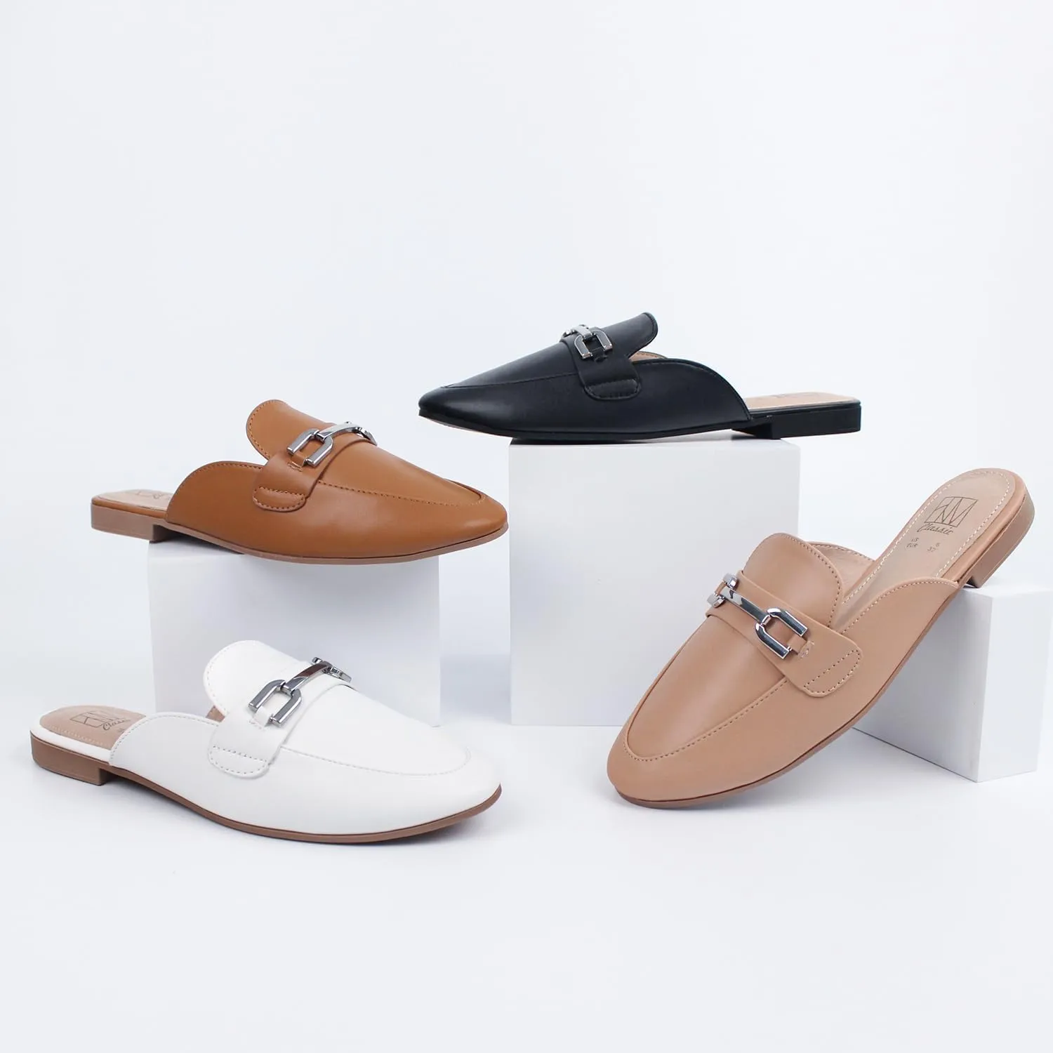 Hawkwell Women's Metal Chain Decor Backless Slip on Slides Loafer Shoes Flats Comfortable Round Toe Mules