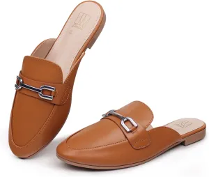 Hawkwell Women's Metal Chain Decor Backless Slip on Slides Loafer Shoes Flats Comfortable Round Toe Mules