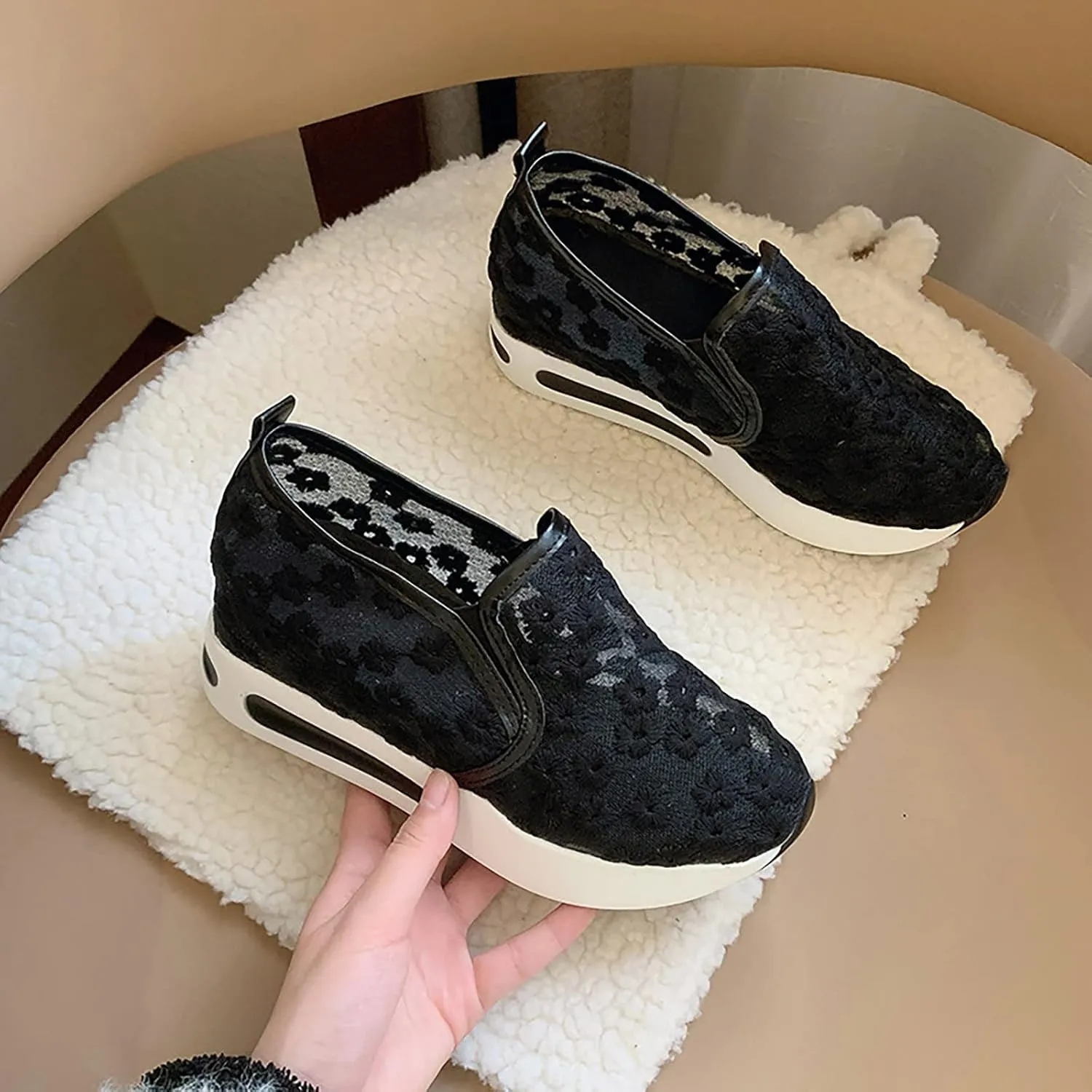 Hbeylia Platform Wedge Fashion Sneakers for Women Embroidery Floral Mesh Air Lace Chunky Sole Hidden High Heels Slip On Loafers Walking Work Shoes Arch Support Low Top Play Sneakers Loafers
