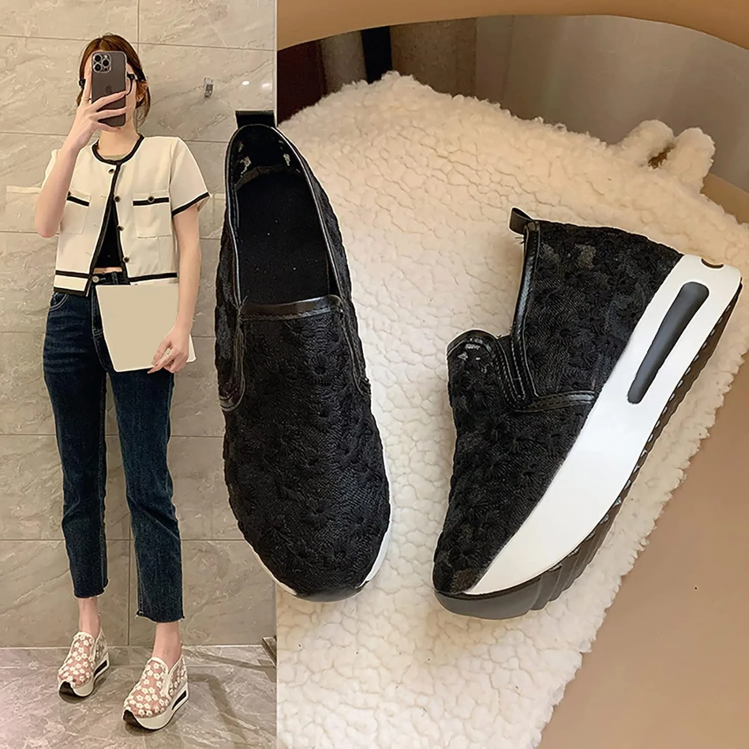 Hbeylia Platform Wedge Fashion Sneakers for Women Embroidery Floral Mesh Air Lace Chunky Sole Hidden High Heels Slip On Loafers Walking Work Shoes Arch Support Low Top Play Sneakers Loafers
