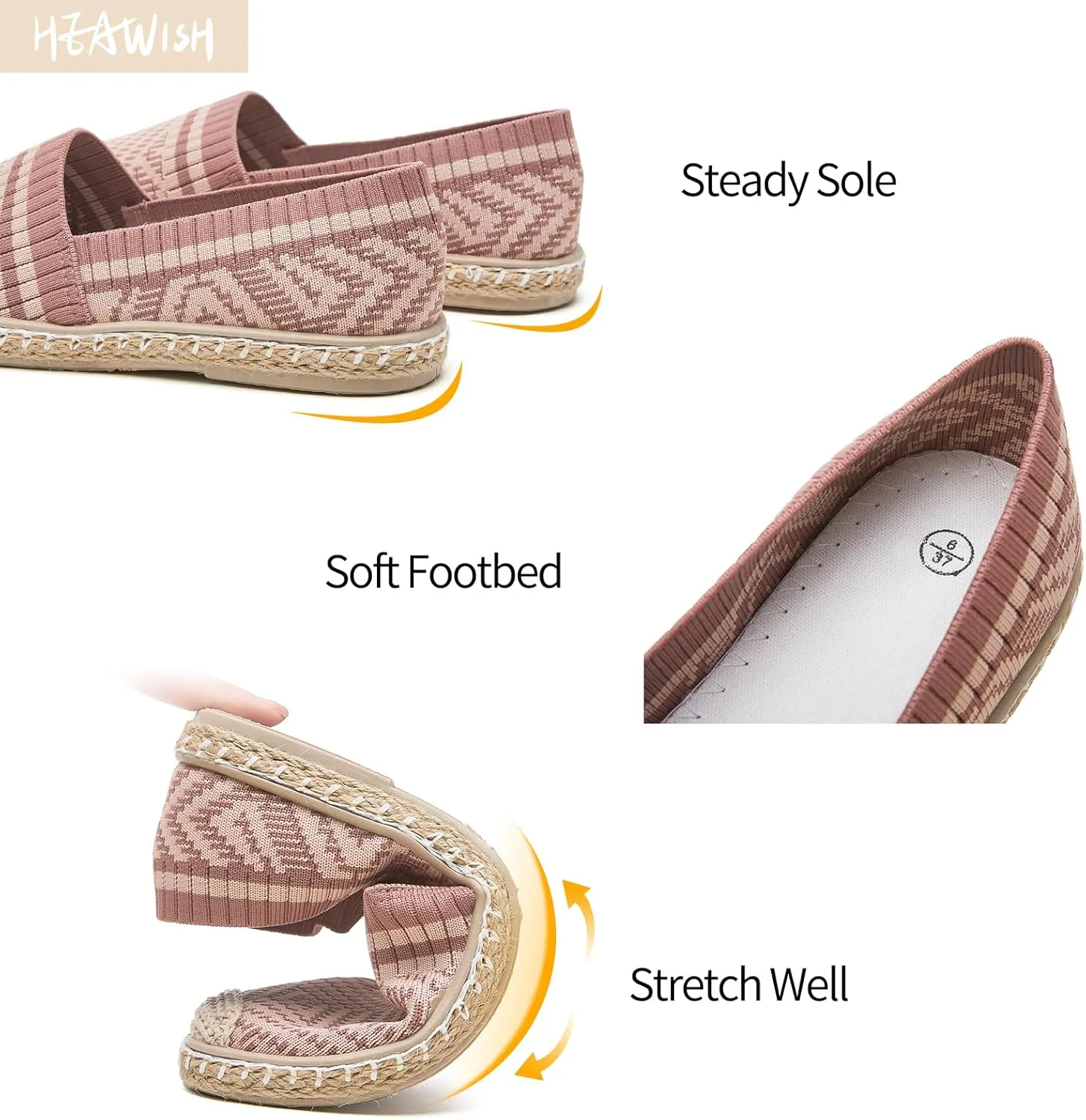 HEAWISH Ballet Flats for Women Loafer Slip on Shoes,Breathable Womens Shoes Dressy Casual Espadrilles for Women Rope Loafer Flats