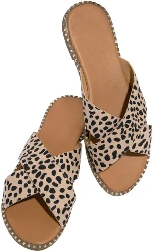 Jeimpoey Womens Studded Flat Sandals Open Toe Slip on Mule Slides Crossed Strap Slipper