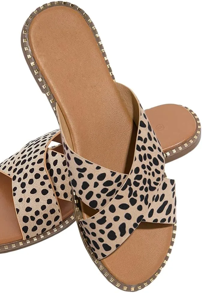 Jeimpoey Womens Studded Flat Sandals Open Toe Slip on Mule Slides Crossed Strap Slipper
