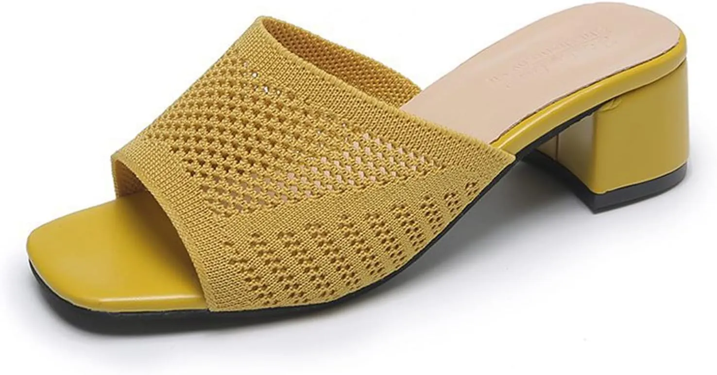 KCTRFSJ Women's Knit Mesh Slip On Block Heeled Mule Sandals Fashion Square Toe Comfort Casual Beach Low Chunky Heels Open Toe Walking Slide Sandals