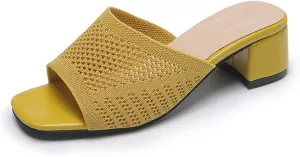 KCTRFSJ Women's Knit Mesh Slip On Block Heeled Mule Sandals Fashion Square Toe Comfort Casual Beach Low Chunky Heels Open Toe Walking Slide Sandals