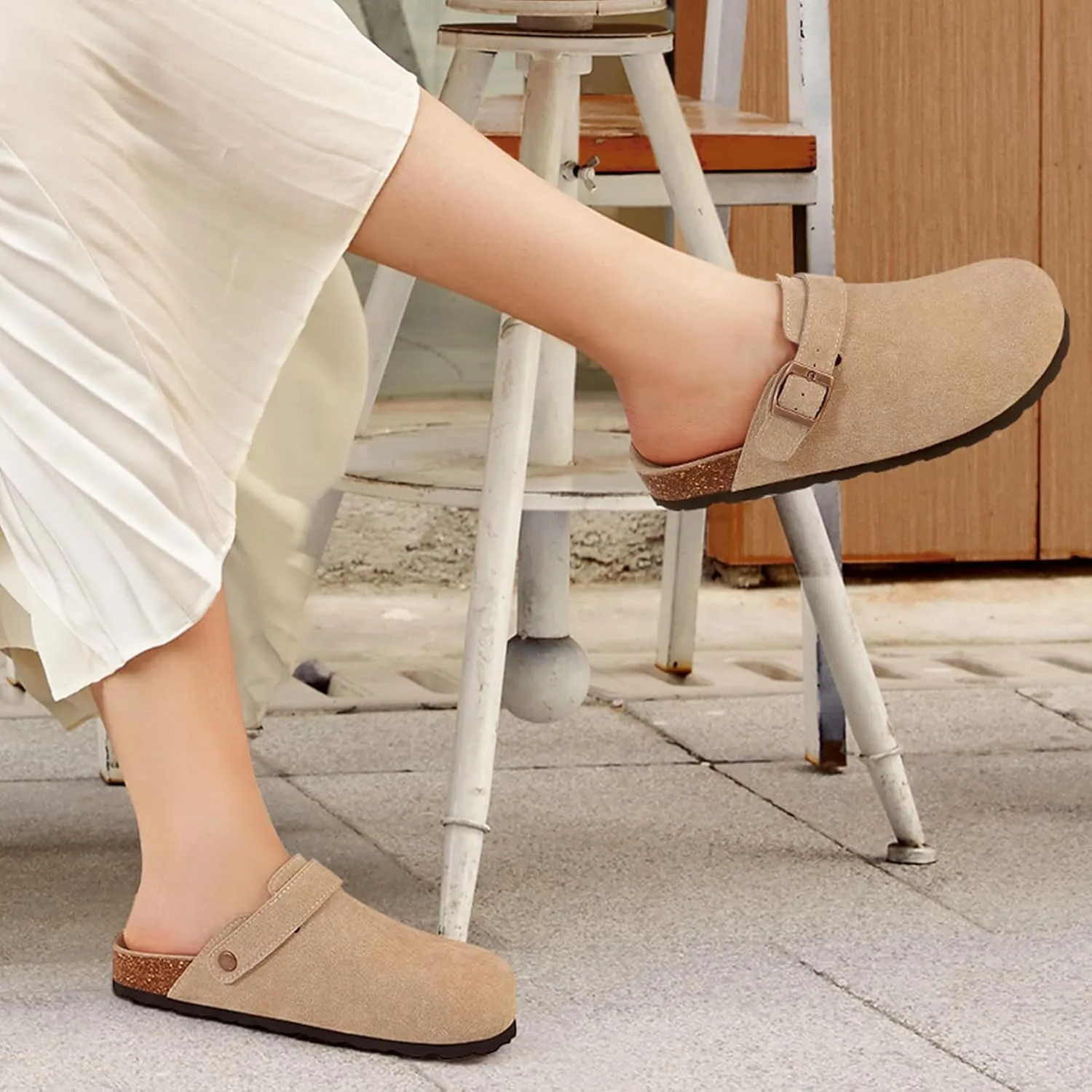 KIDMI Women's Suede Clogs with Adjustable Strap Cork Footbed Leather Mules Slip on Potato Shoes