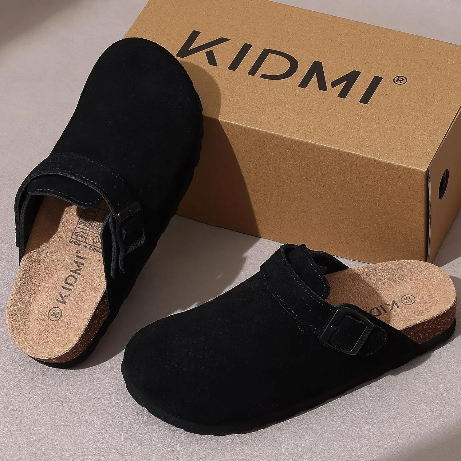 KIDMI Women's Suede Clogs with Adjustable Strap Cork Footbed Leather Mules Slip on Potato Shoes
