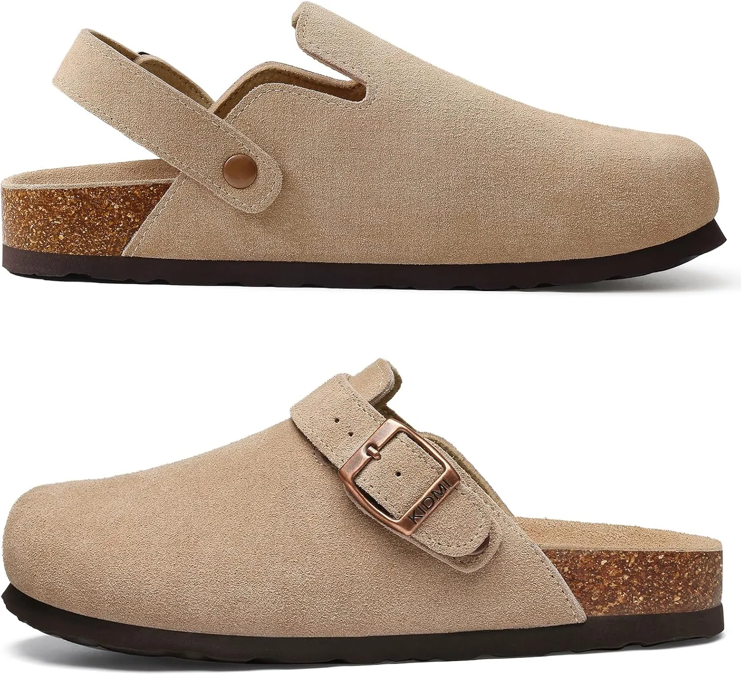 KIDMI Women's Suede Clogs with Adjustable Strap Cork Footbed Leather Mules Slip on Potato Shoes