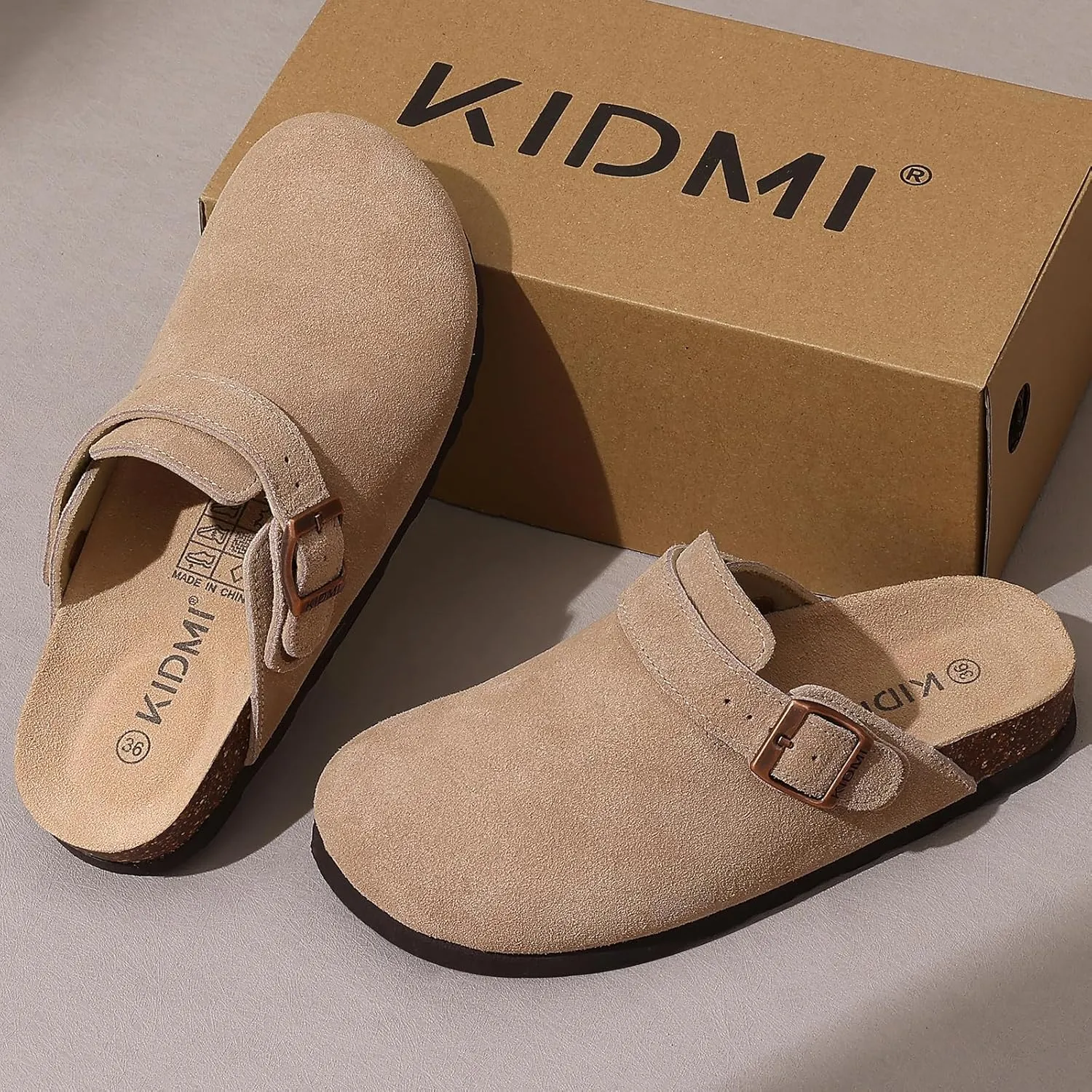 KIDMI Women's Suede Clogs with Adjustable Strap Cork Footbed Leather Mules Slip on Potato Shoes