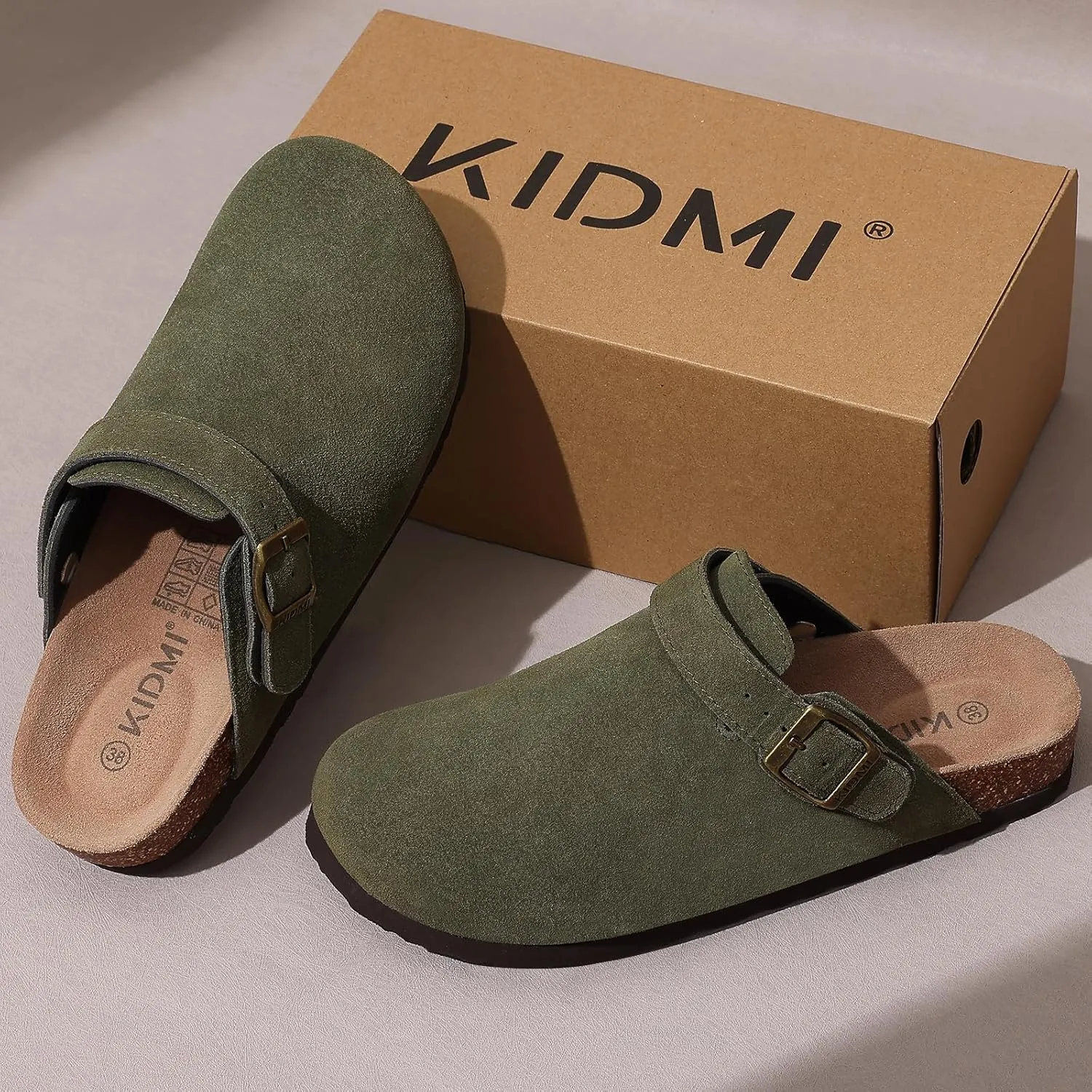 KIDMI Women's Suede Clogs with Adjustable Strap Cork Footbed Leather Mules Slip on Potato Shoes