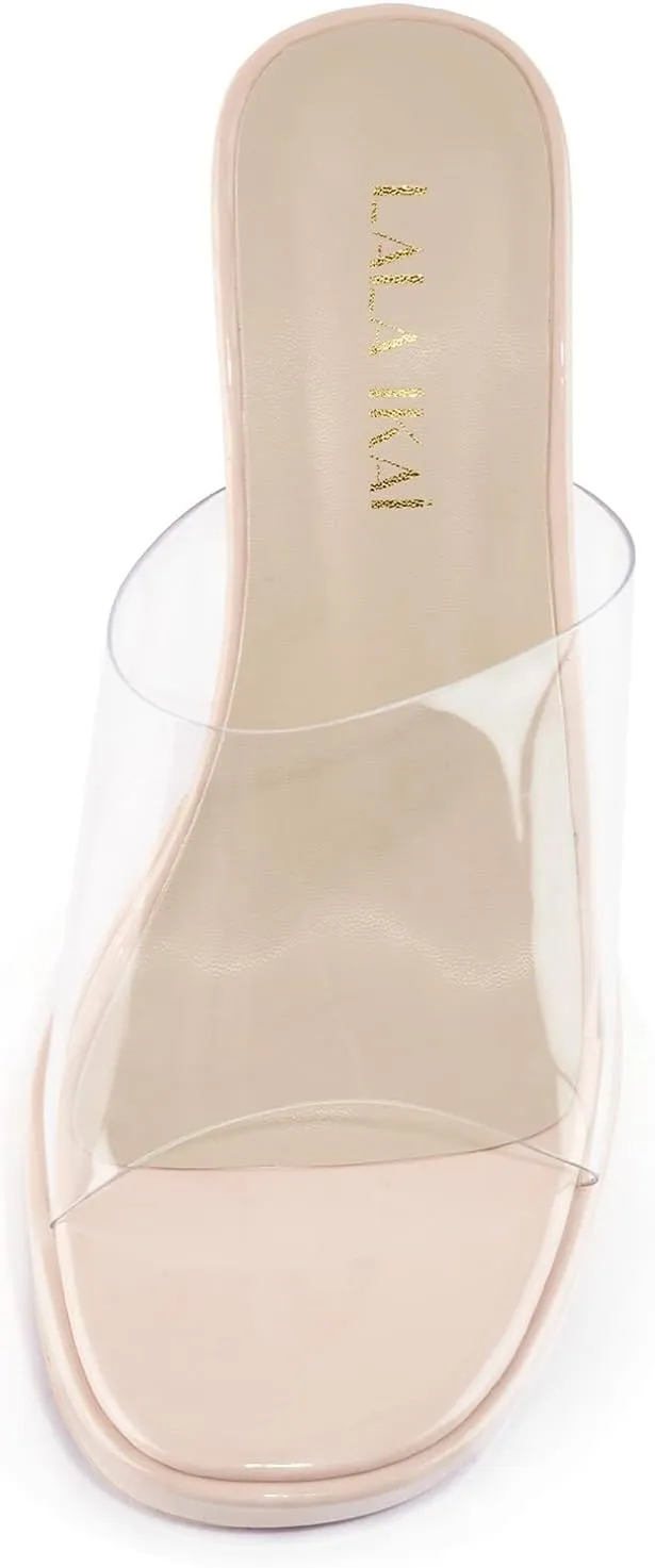 LALA IKAI Women's Clear Heels Platform Slip On Open Toe Heels Sandals Gold Nude Sliver Chunky Block Heeled Slipper Dress Shoes