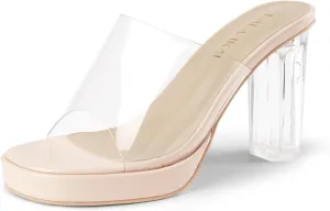 LALA IKAI Women's Clear Heels Platform Slip On Open Toe Heels Sandals Gold Nude Sliver Chunky Block Heeled Slipper Dress Shoes