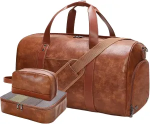 Leather Weekender Bags for Women Men, 3Pcs Women Overnight Bag with Shoe Compartment, Large Capacity Faux Leather Duffle BagToiletry Packing Cube Carry On Bag Fit 21" Laptop