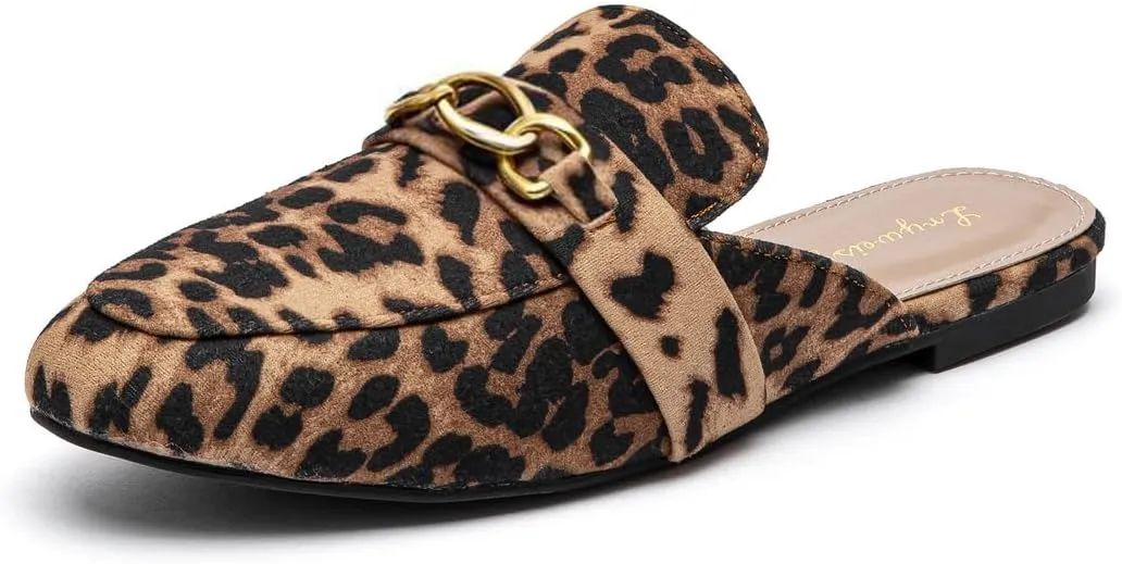 Lryweisy Women Suede Mules Comfortable Flat Mule Backless Slides with Decorative Chain