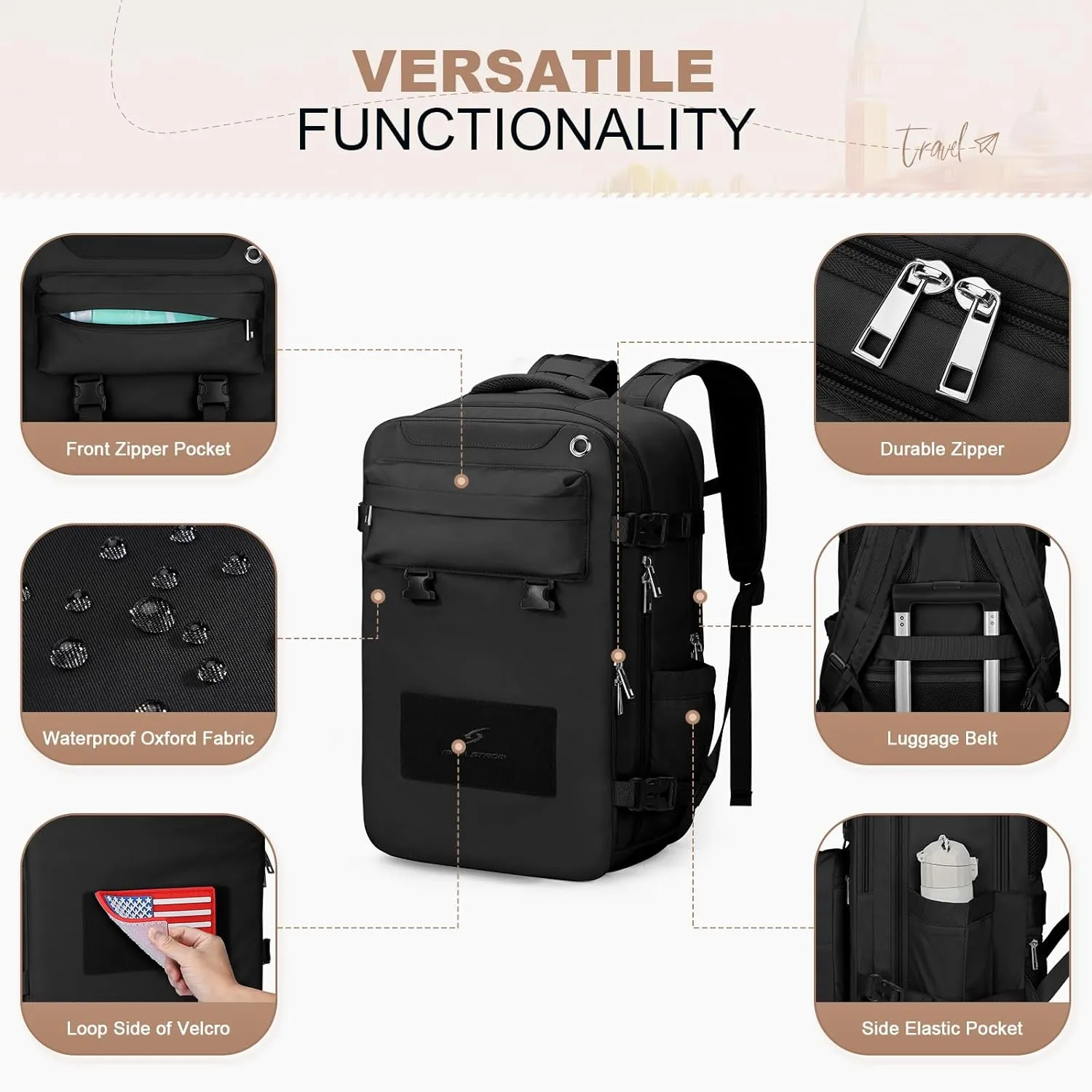 Maelstrom Travel Backpack for Women Men,35L Laptop Backpack Fits 17-Inch Laptop,Waterproof Carry On Backpack for Airplanes with Detachable Crossbody Bag&Shoe Compartment,Black, Large