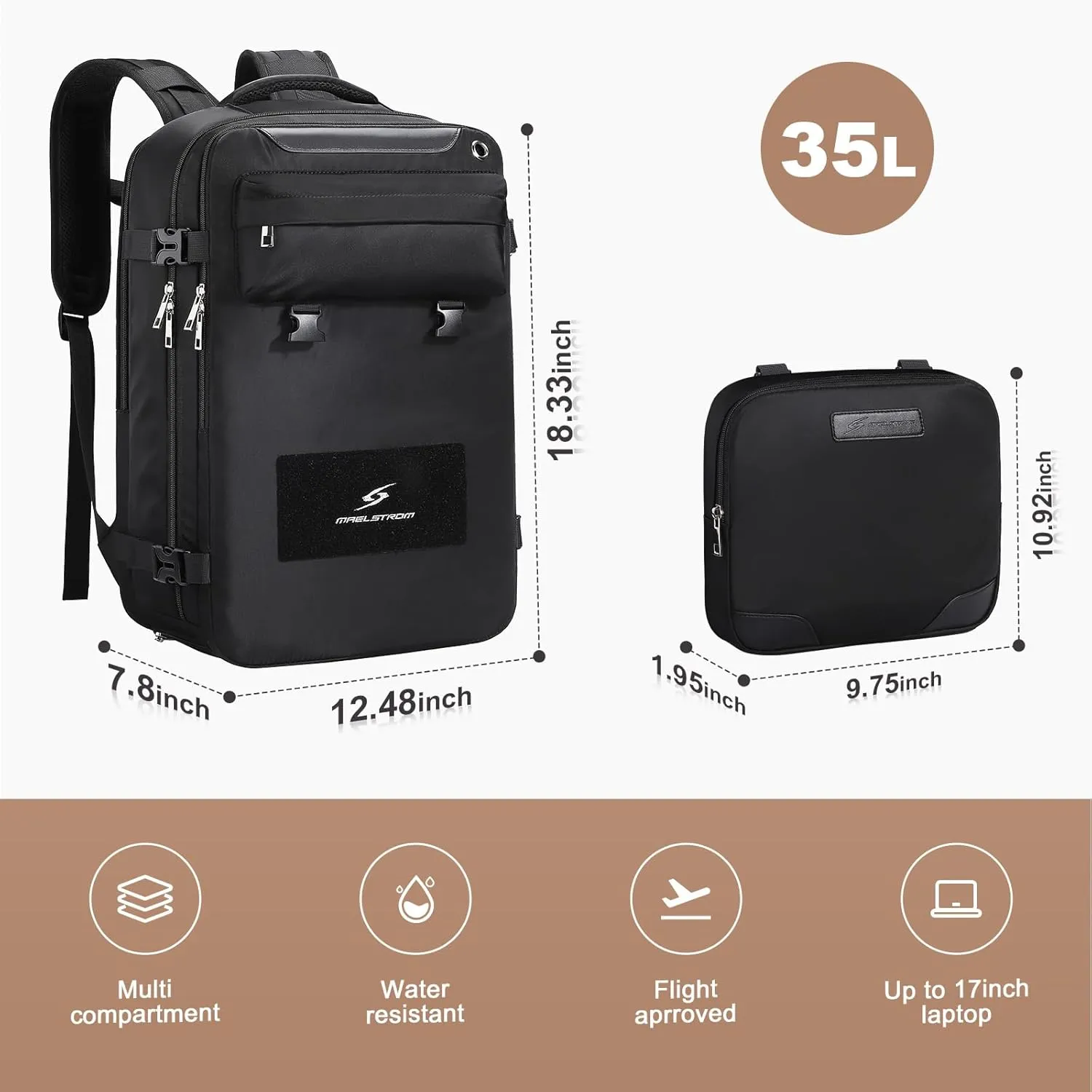 Maelstrom Travel Backpack for Women Men,35L Laptop Backpack Fits 17-Inch Laptop,Waterproof Carry On Backpack for Airplanes with Detachable Crossbody Bag&Shoe Compartment,Black, Large