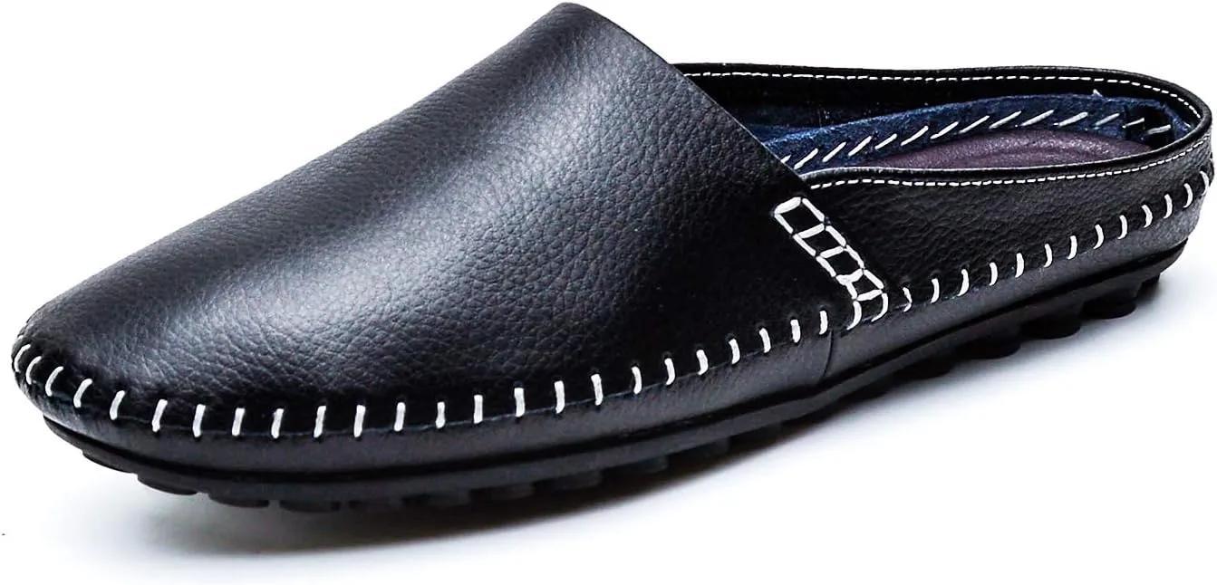 Men's Classic Leather Slippers Office Casual House Slip On Backless Loafers