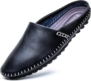 Men's Classic Leather Slippers Office Casual House Slip On Backless Loafers