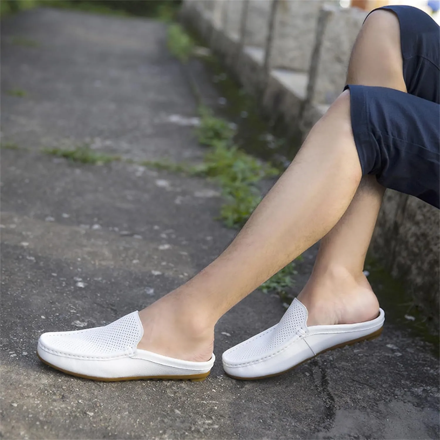 Men's Hollow Leather Slip On Mules Clog Slippers Casual Round Toe Backless Flat Loafers Dress Shoes for Walking Wedding
