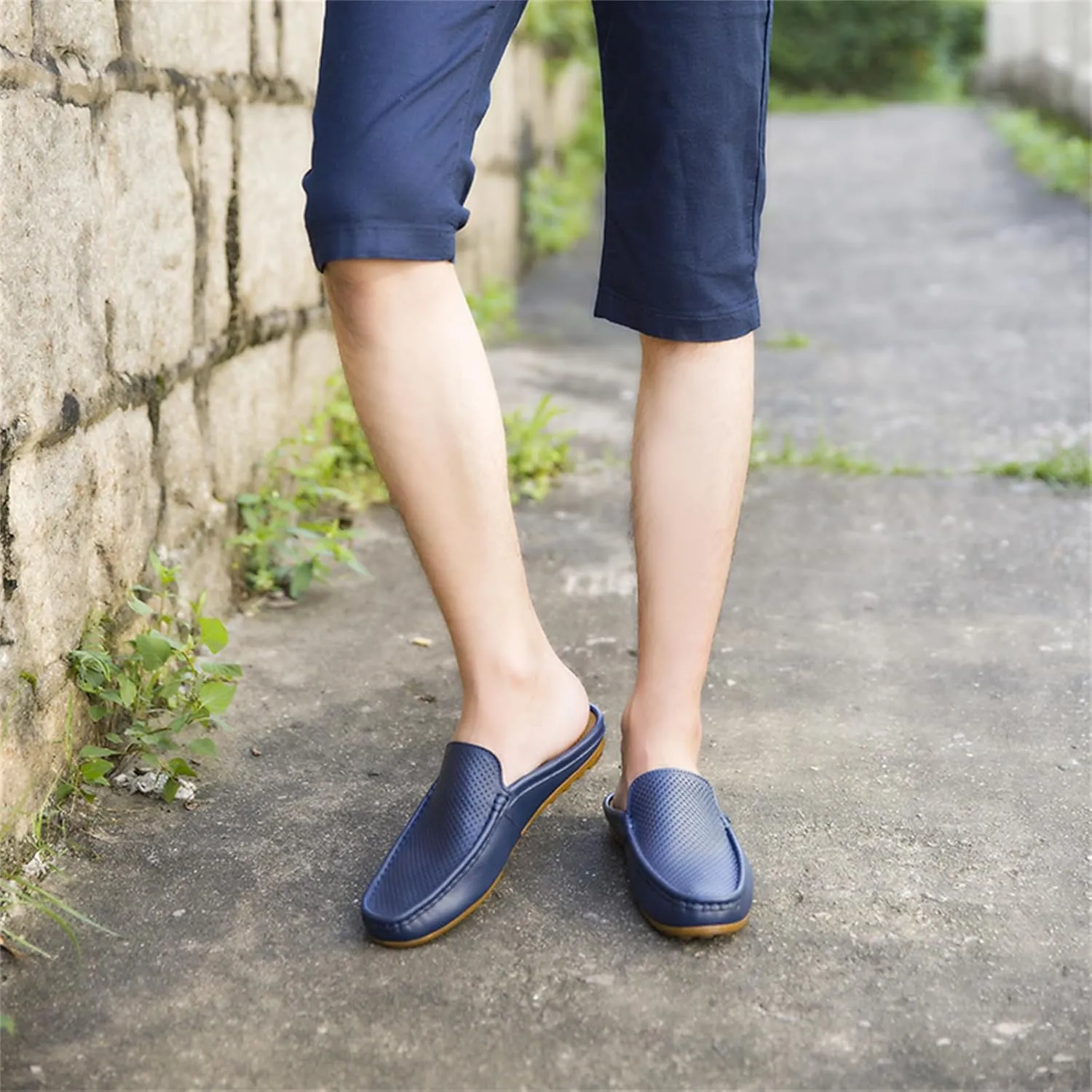 Men's Hollow Leather Slip On Mules Clog Slippers Casual Round Toe Backless Flat Loafers Dress Shoes for Walking Wedding