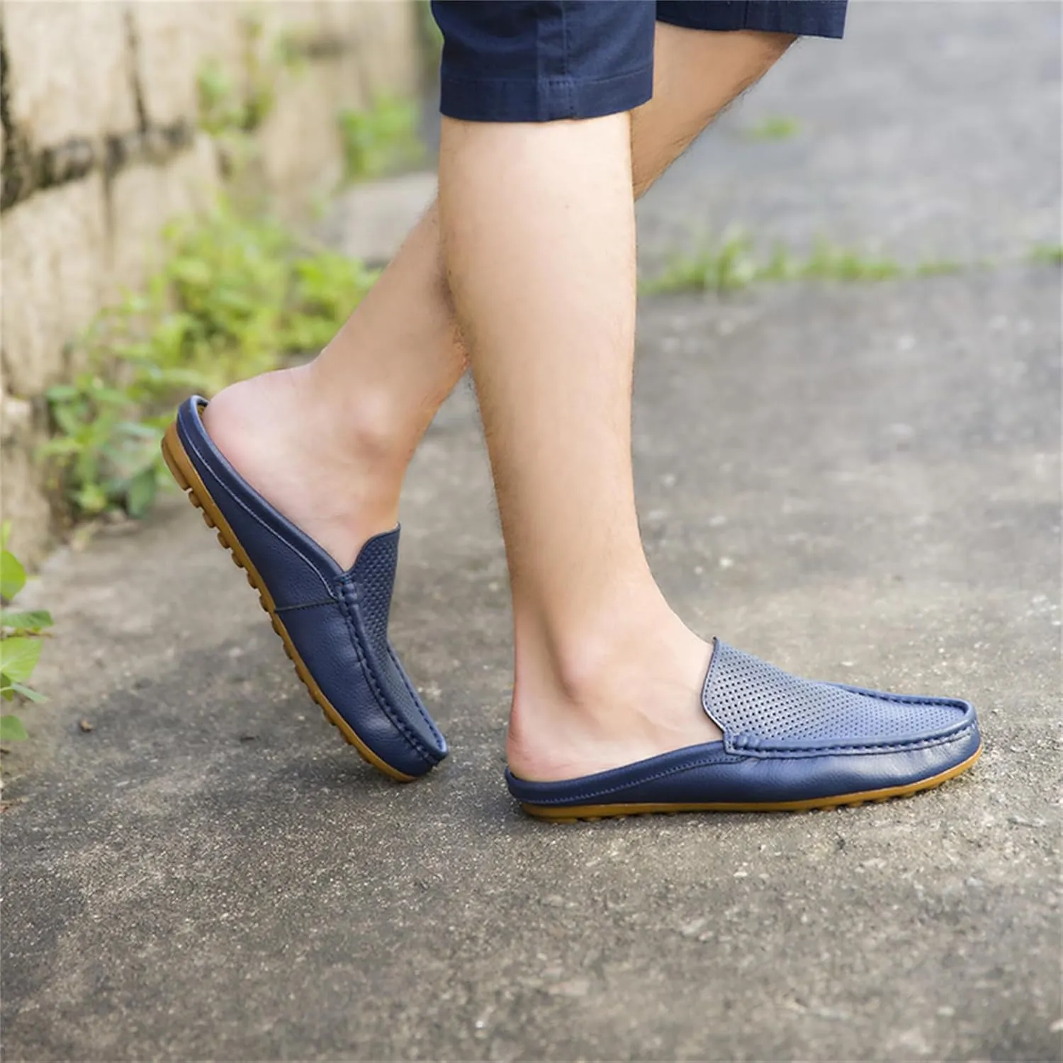 Men's Hollow Leather Slip On Mules Clog Slippers Casual Round Toe Backless Flat Loafers Dress Shoes for Walking Wedding