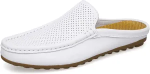 Men's Hollow Leather Slip On Mules Clog Slippers Casual Round Toe Backless Flat Loafers Dress Shoes for Walking Wedding