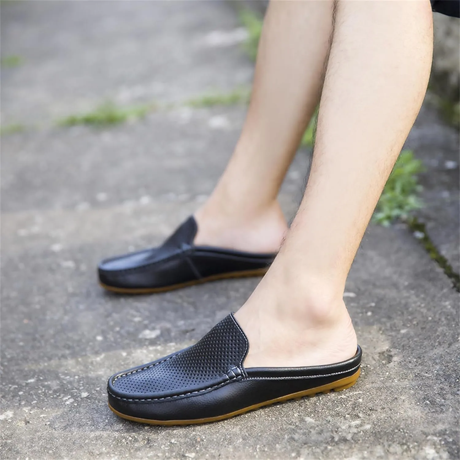 Men's Hollow Leather Slip On Mules Clog Slippers Casual Round Toe Backless Flat Loafers Dress Shoes for Walking Wedding